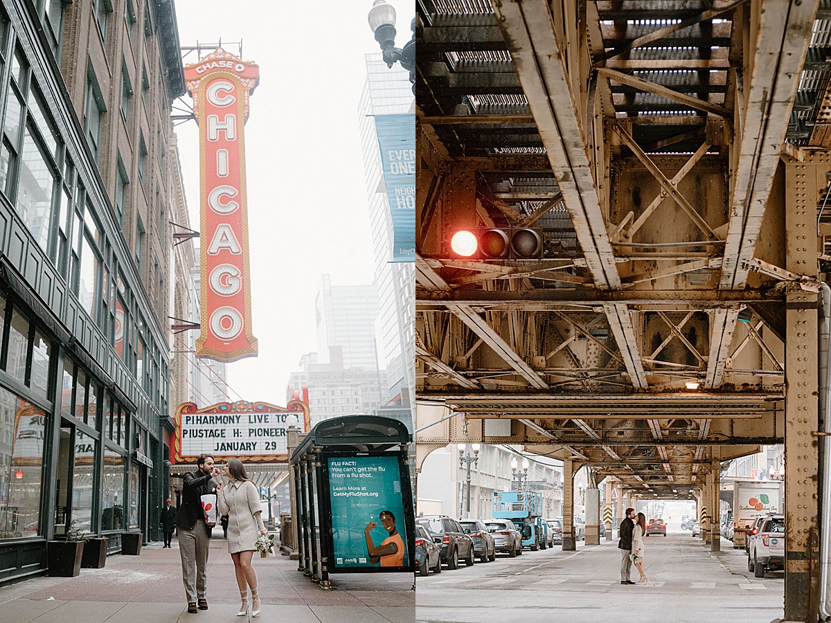 newlywed couple wander snowy Chicago streets after elopement shot by Indigo Lace Collective