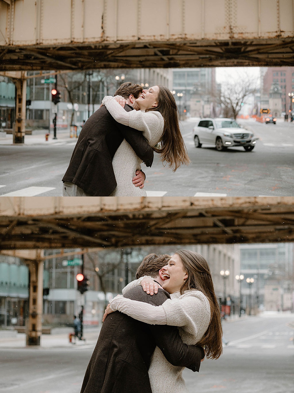 bride laughs in delight as she embraces groom after Chicago elopement shot by Indigo Lace Collective
