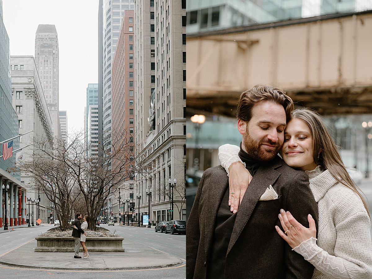 cute european couple pose in winter coats in snowy Chicao street after elopement shot by Indigo Lace Collective