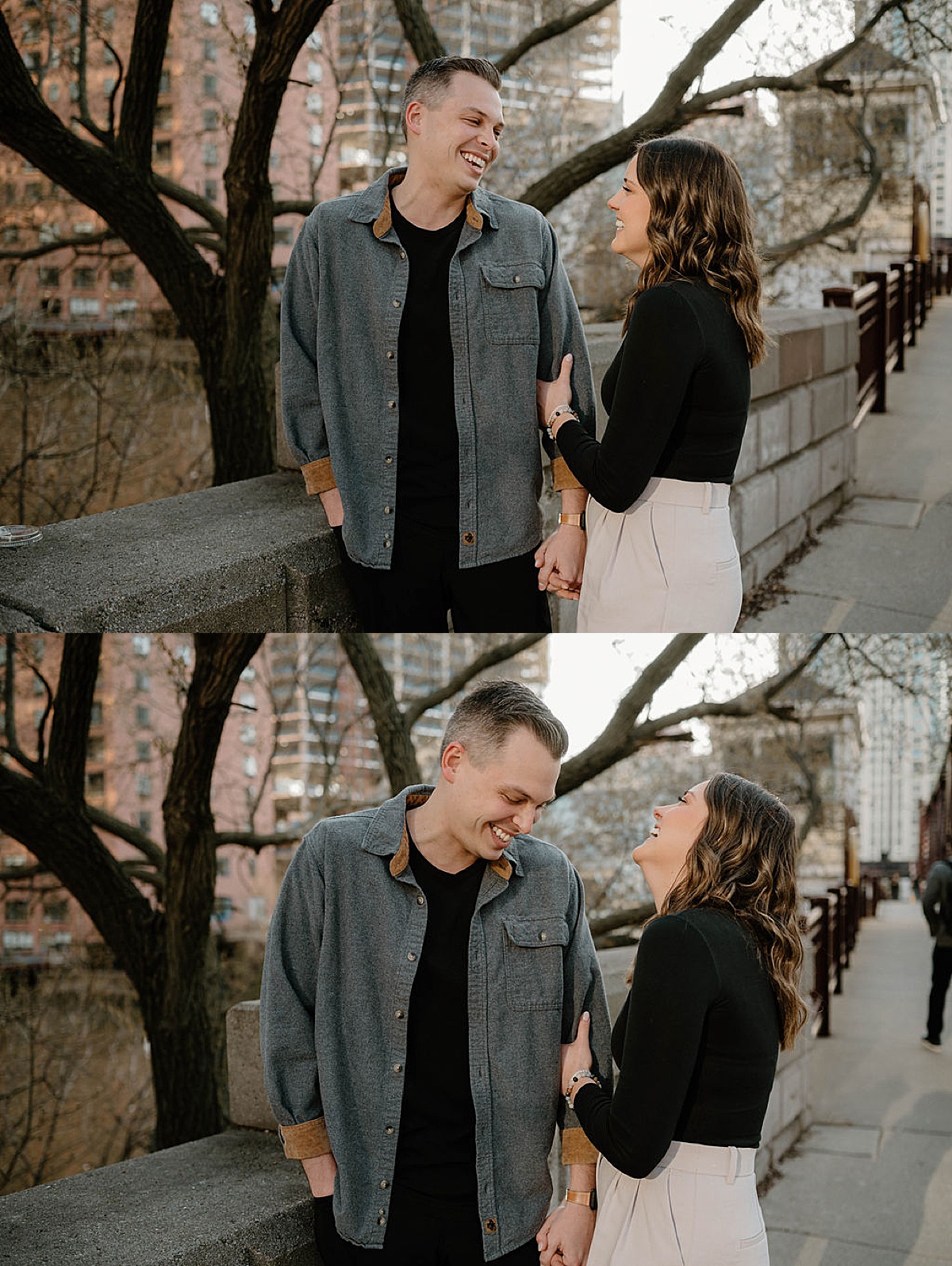 man and woman laugh and hold hands during west loop city engagement shoot in Chicago