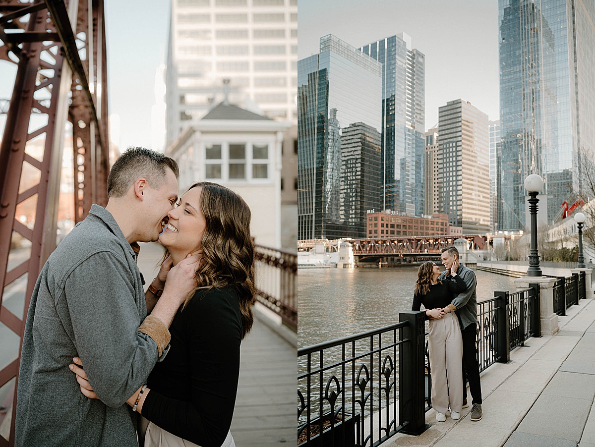 fiances laugh and kiss at waterfront with skyscrapers in background during west loop city engagement shoot