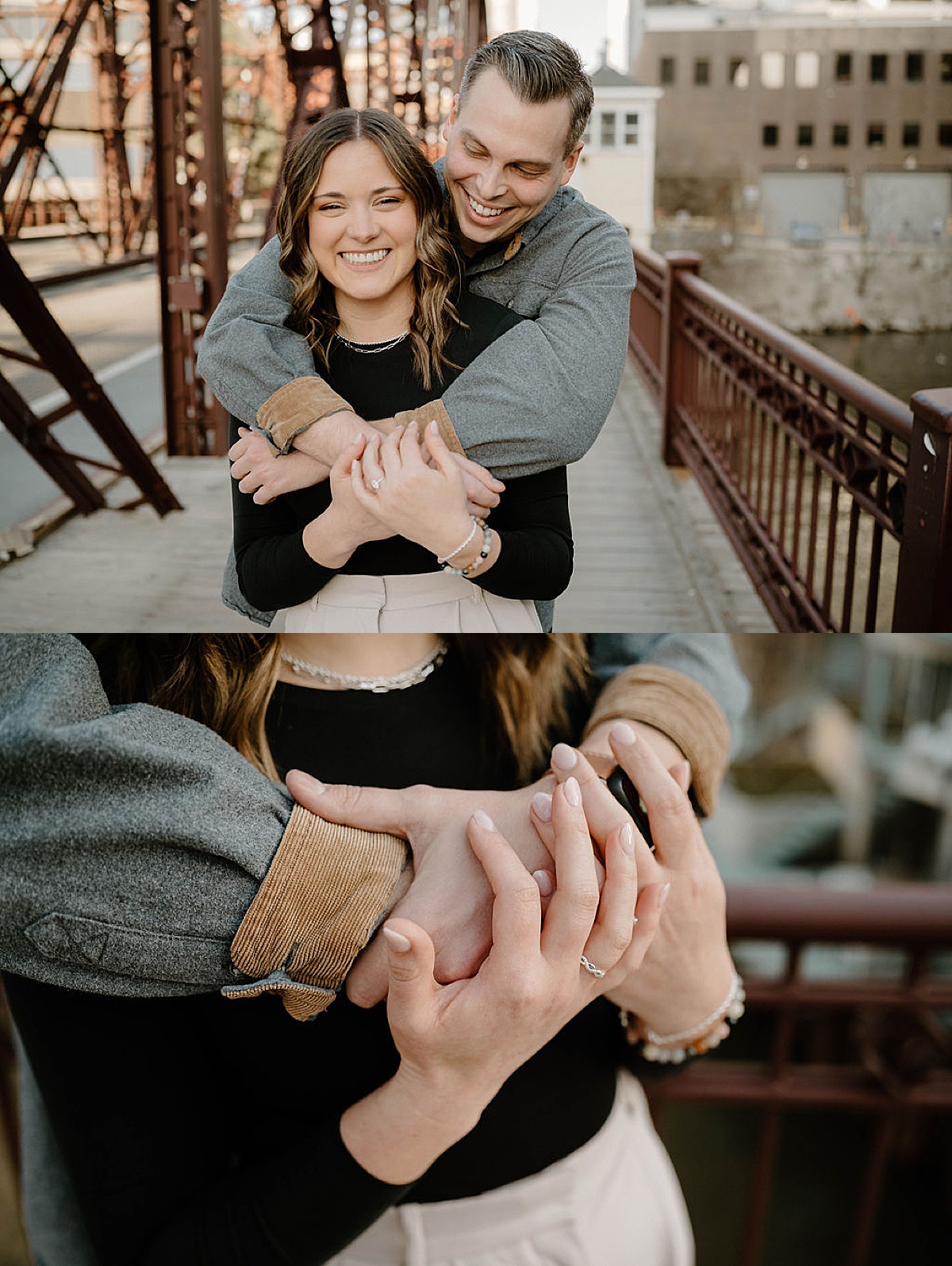 man and woman pose with arms wrapped around each other during cozy west loop city engagement shoot
