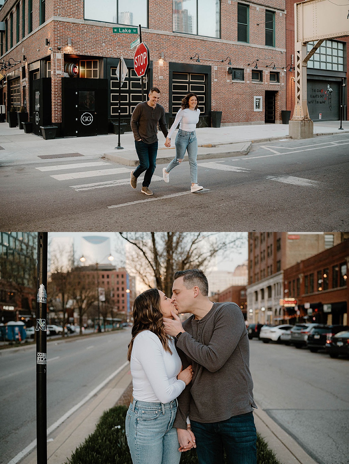 young engaged couple dash across the street and kiss during fun shoot with Indigo Lace Collective