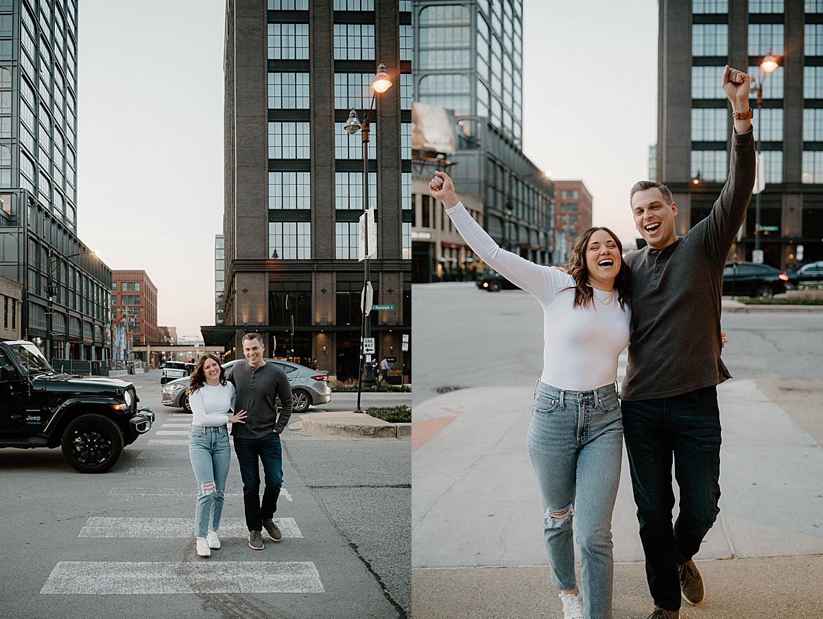 young midwest couple laugh while crossing the street during city photoshoot with Indigo Lace Collective