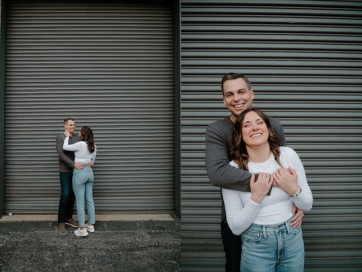 fiance and boyfriend pose in front of metal garage door during photoshoot with chicago wedding photographer