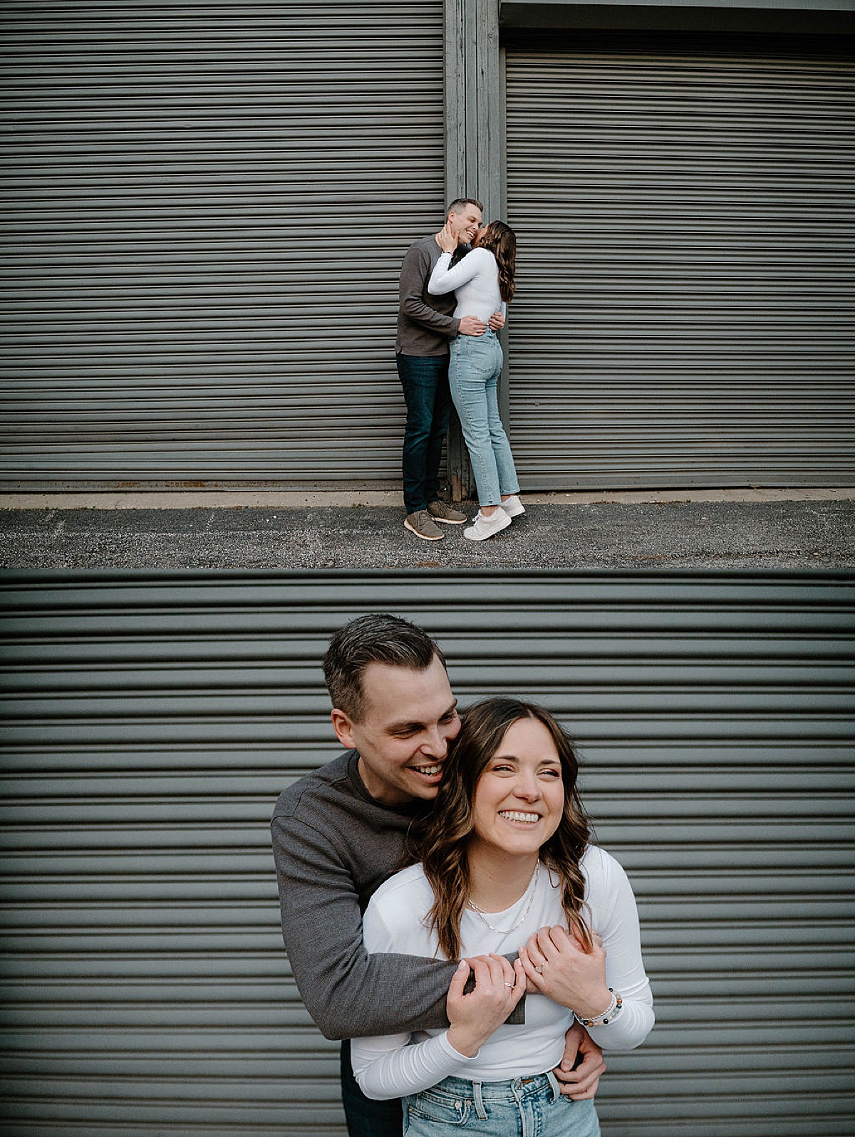 cute engaged couple pose in front of urban metal garage door during shoot with chicago wedding photographer