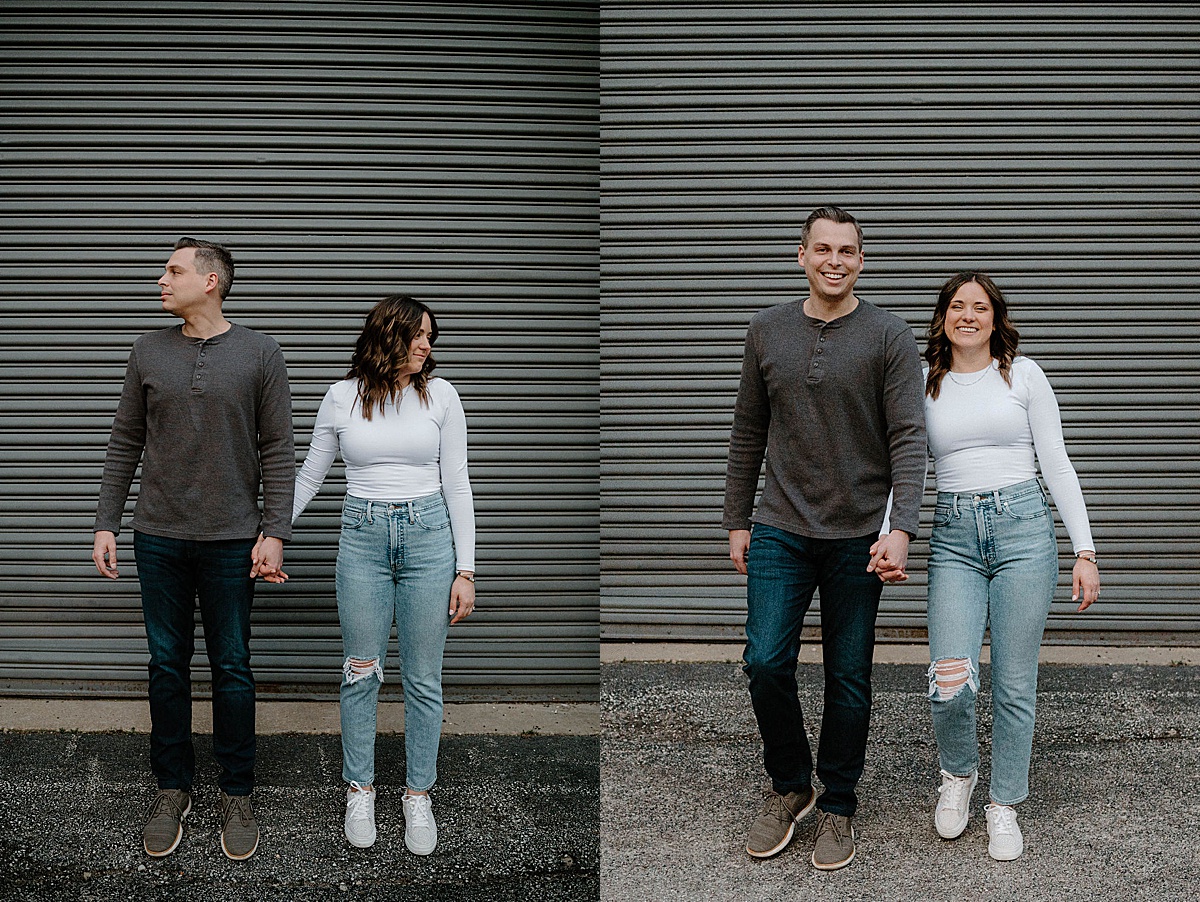 couple in casual clothes pose in urban setting during photoshoot with chicago wedding photographer