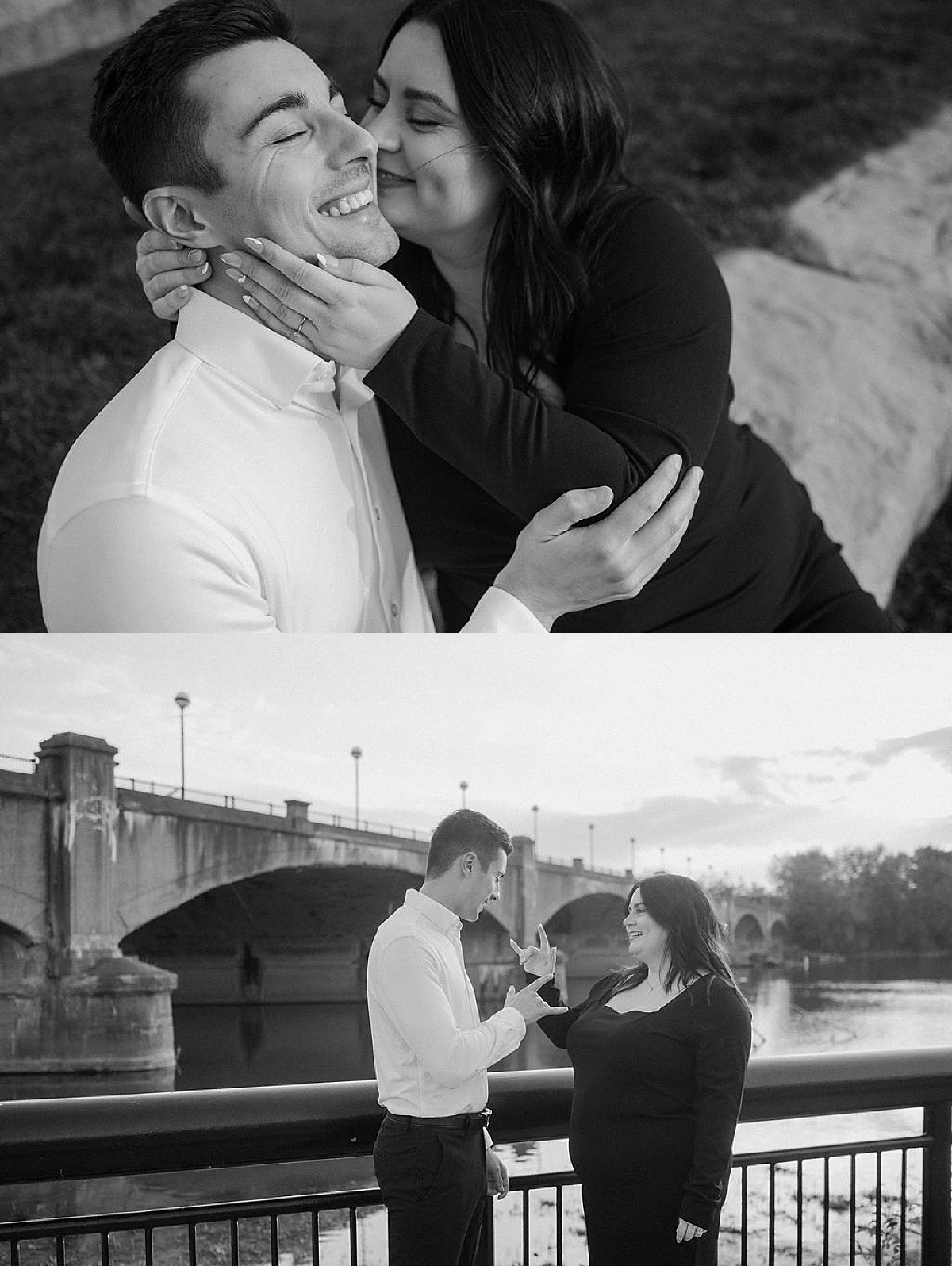 Couple laughs and playfully kiss during Indianapolis sunset engagement shoot by bridge