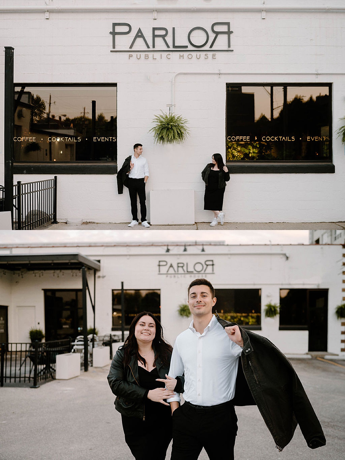 Cute couple in black and white street clothes pose in front of restaurant wall during shoot by Indigo lace collective 