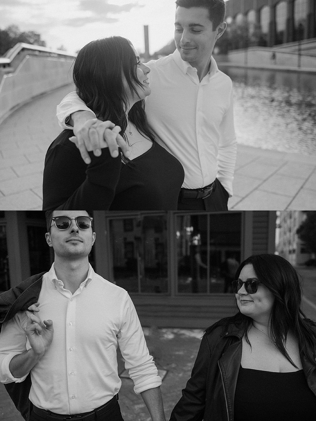 Couple strolls by the waterfront during engagement photoshoot with Indigo lace collective 