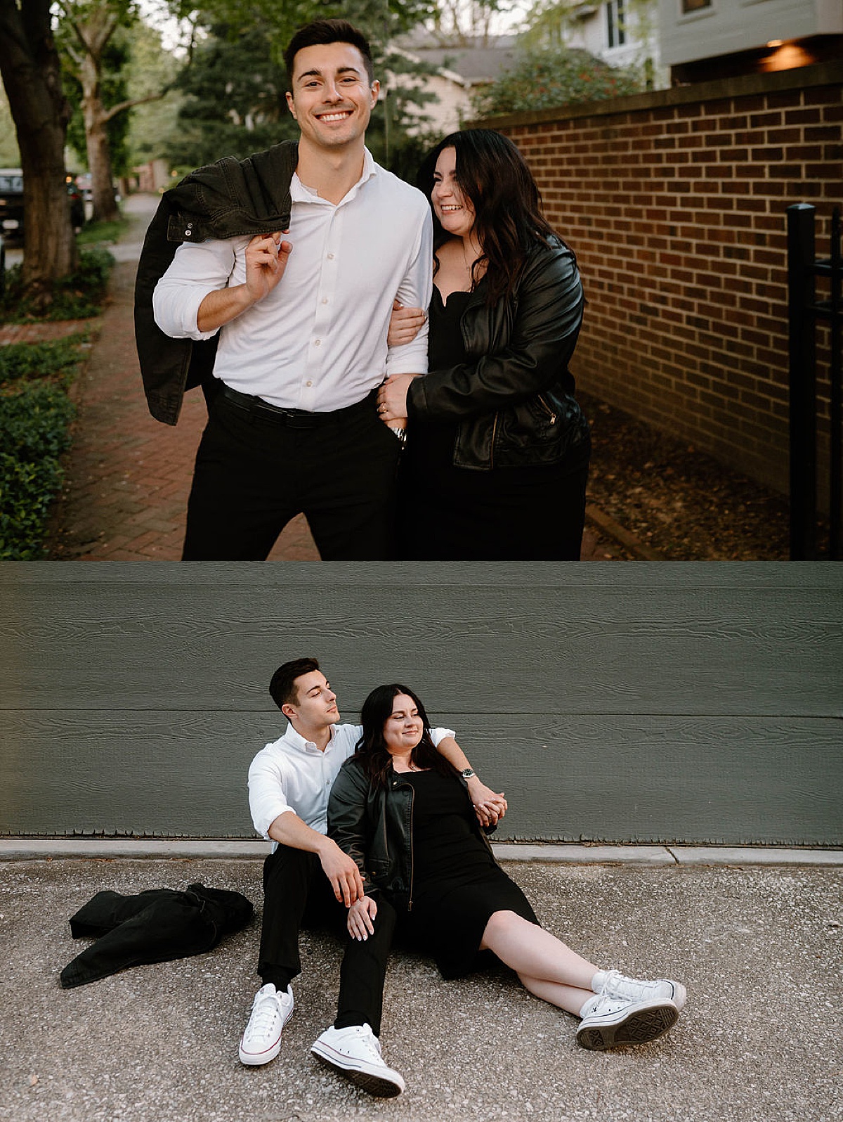 Couple in leather jacket and shut walk down brick walled street during city engagement shoot with Indigo lace collective 