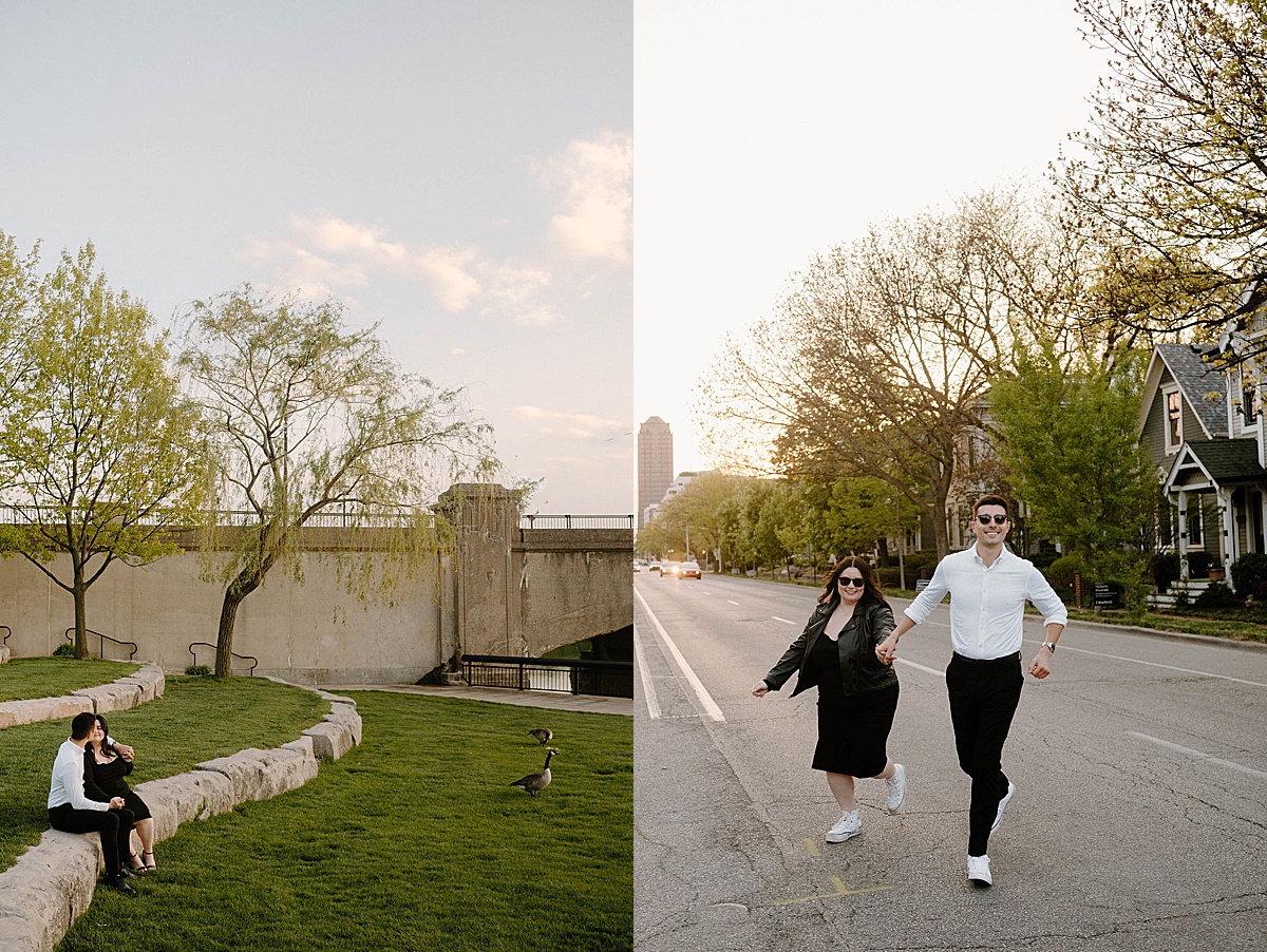 Couple in sneakers, leather jacket and sunglasses dance their way through Indianapolis during cute photoshoot with Midwest wedding photographer