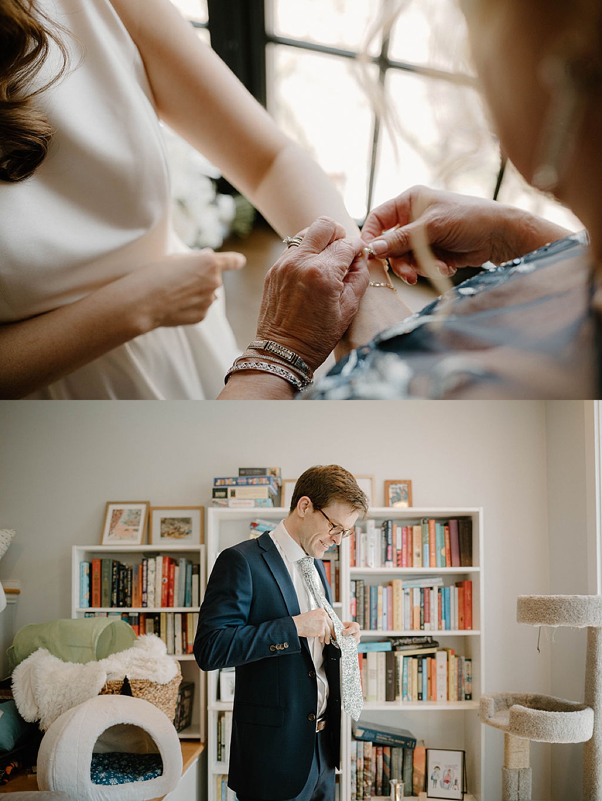 bride and groom get ready before colorful spring wedding at Artifact Events