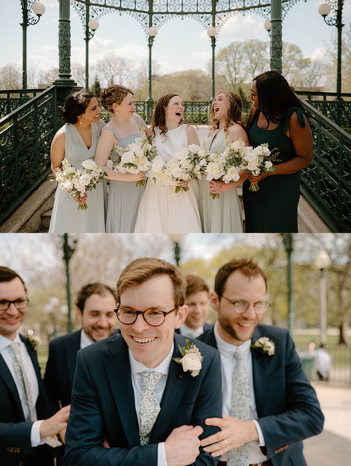 bridesmaids in seafoam green and groomsmen in navy blue suits pose with happy couple shot by Indigo Lace Collective