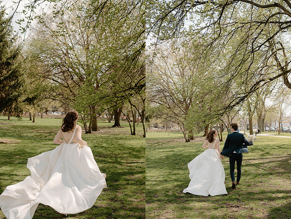 bride and groom frolic across spring field during shoot with Indigo Lace Collective