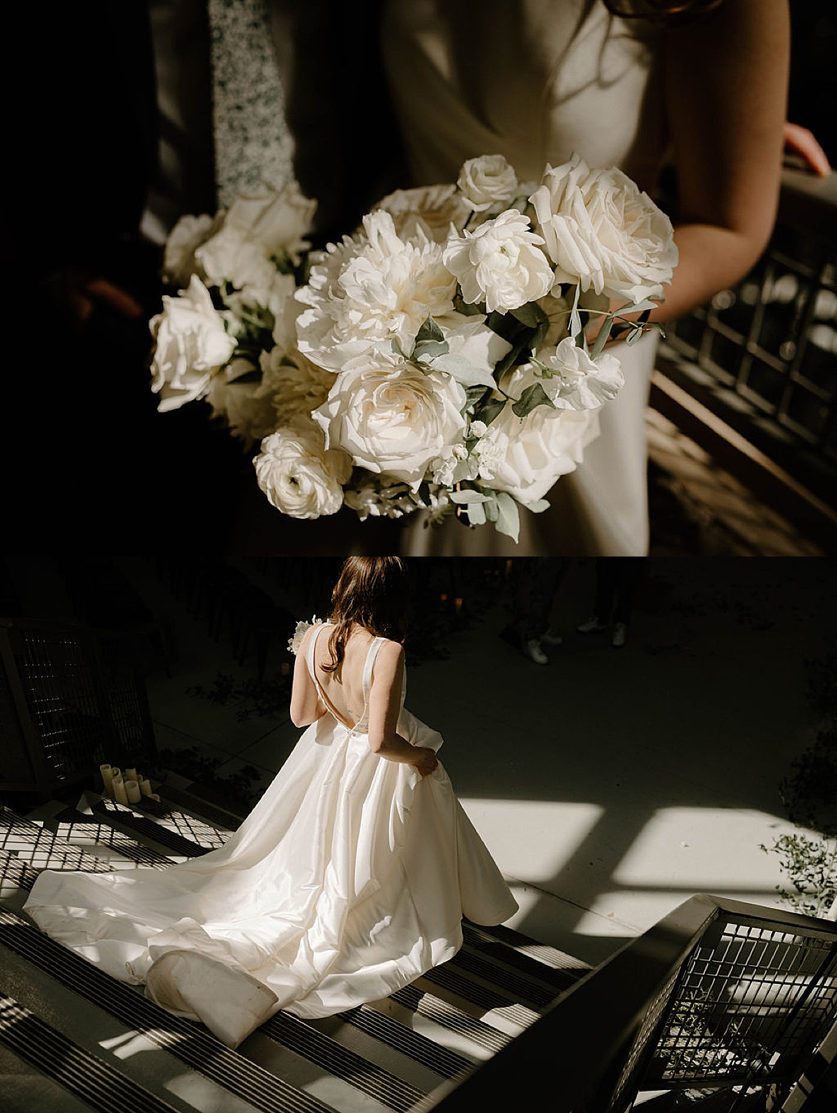 bride and white bouquet look moody and cinematic during ceremony photos by Chicago Wedding photographer