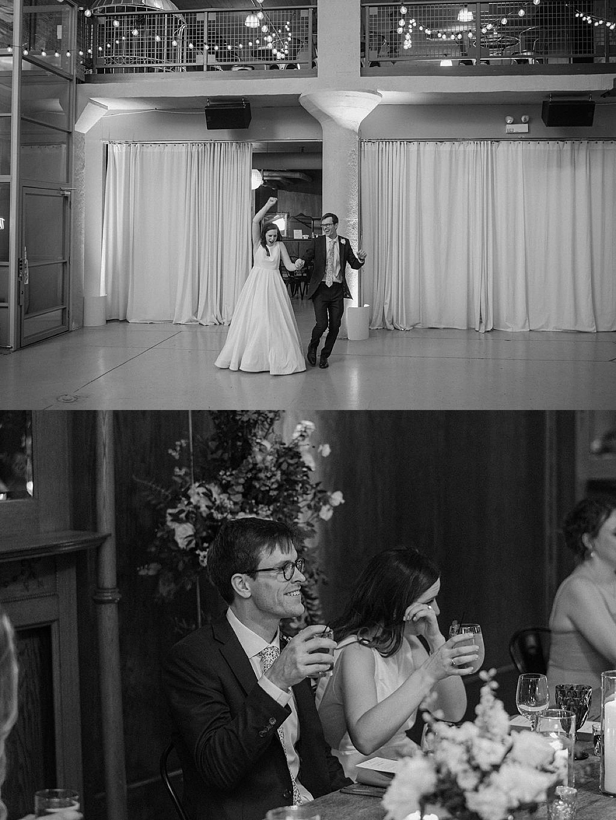 bride and groom arrive at reception and hear toasts after ceremony shot by Chicago Wedding photographer