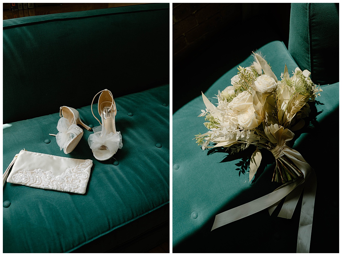 heels and bouquet sit on teal couch by Indigo Lace Collective