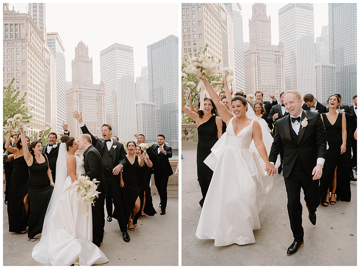 bridal party celebrates as couple kisses by Indigo Lace Collective