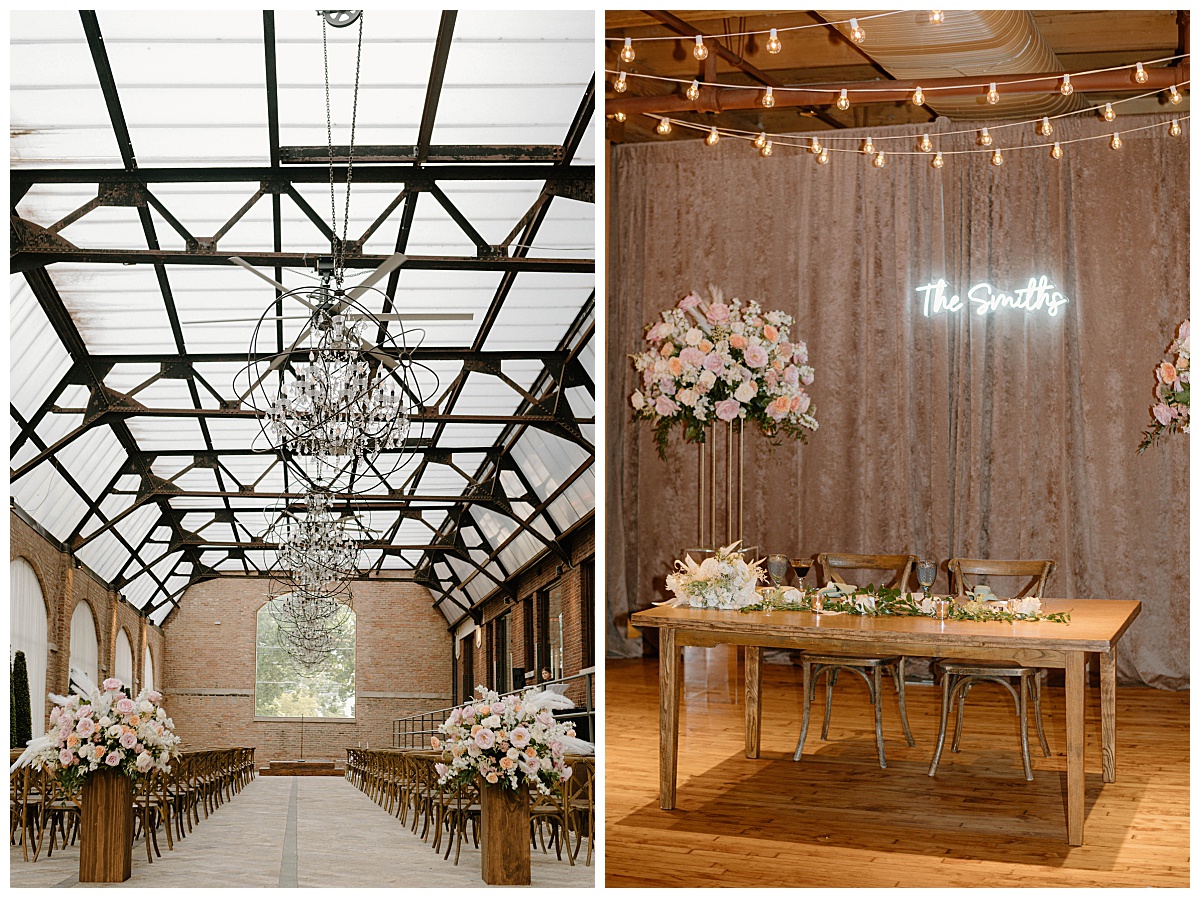 large florals decorate sculptured room at Bridgeport Art Center wedding