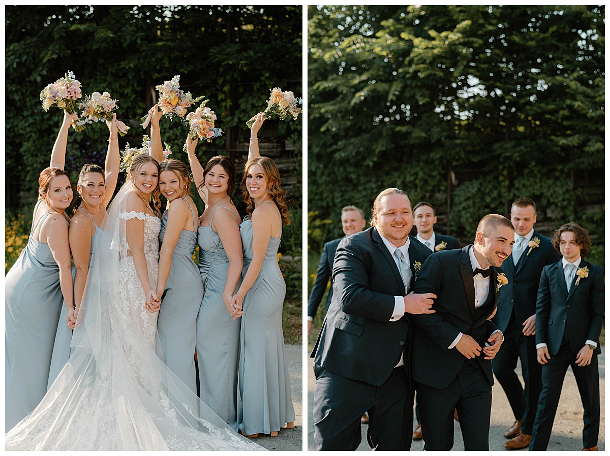 bridal party has fun with couple at summer Fairlie wedding