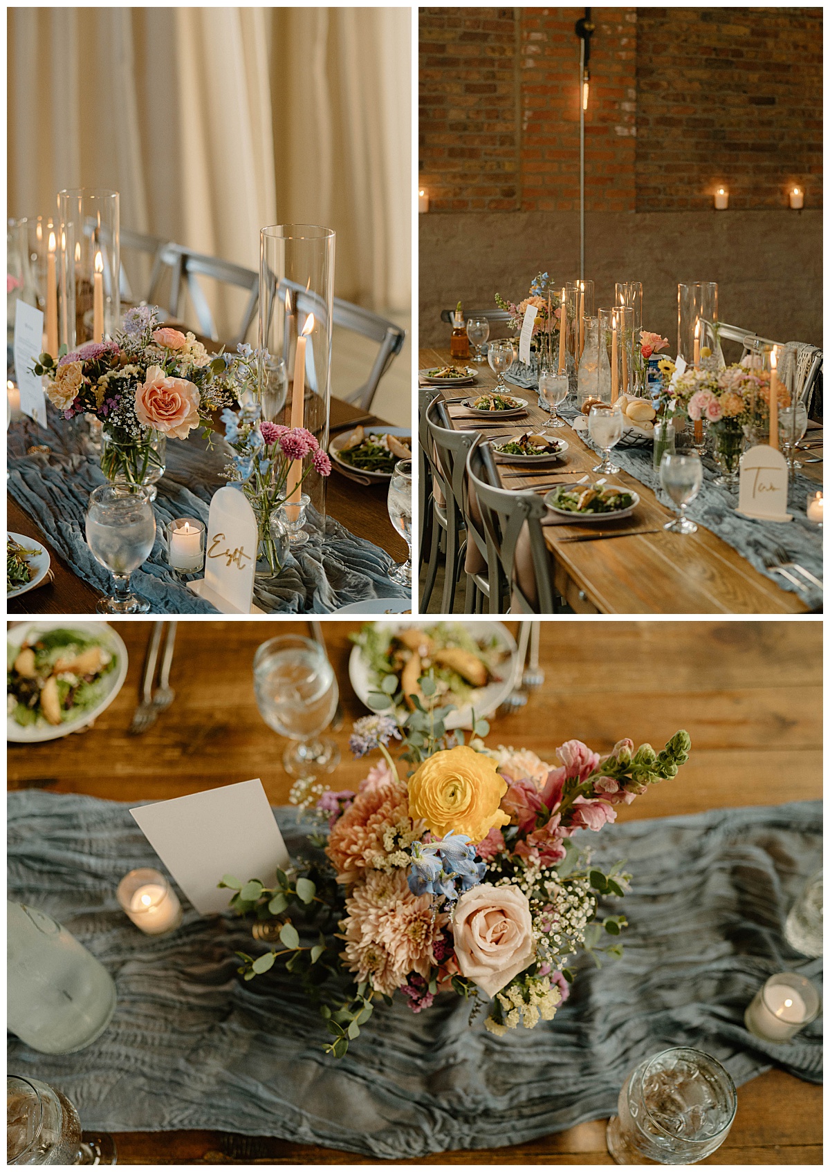 colorful florals and candles sit on blue table runner at summer Fairlie wedding