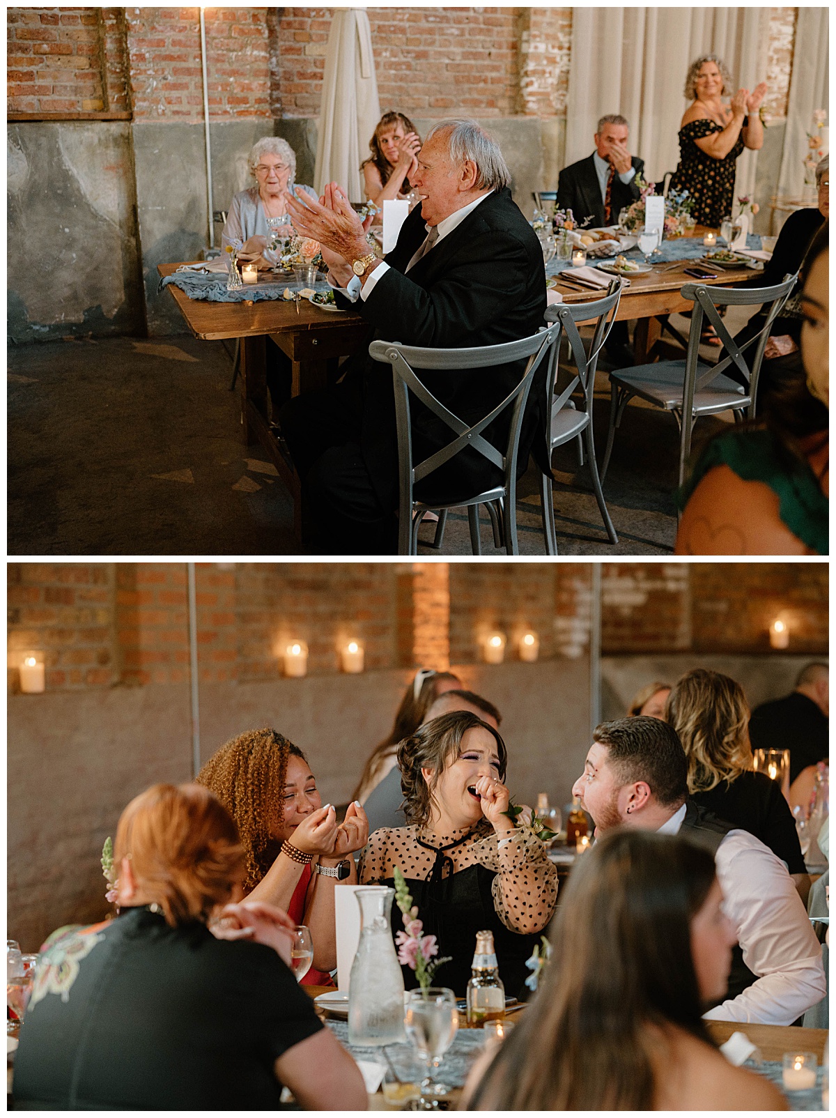 guests at reception celebrate and laugh together by Indigo Lace Collective