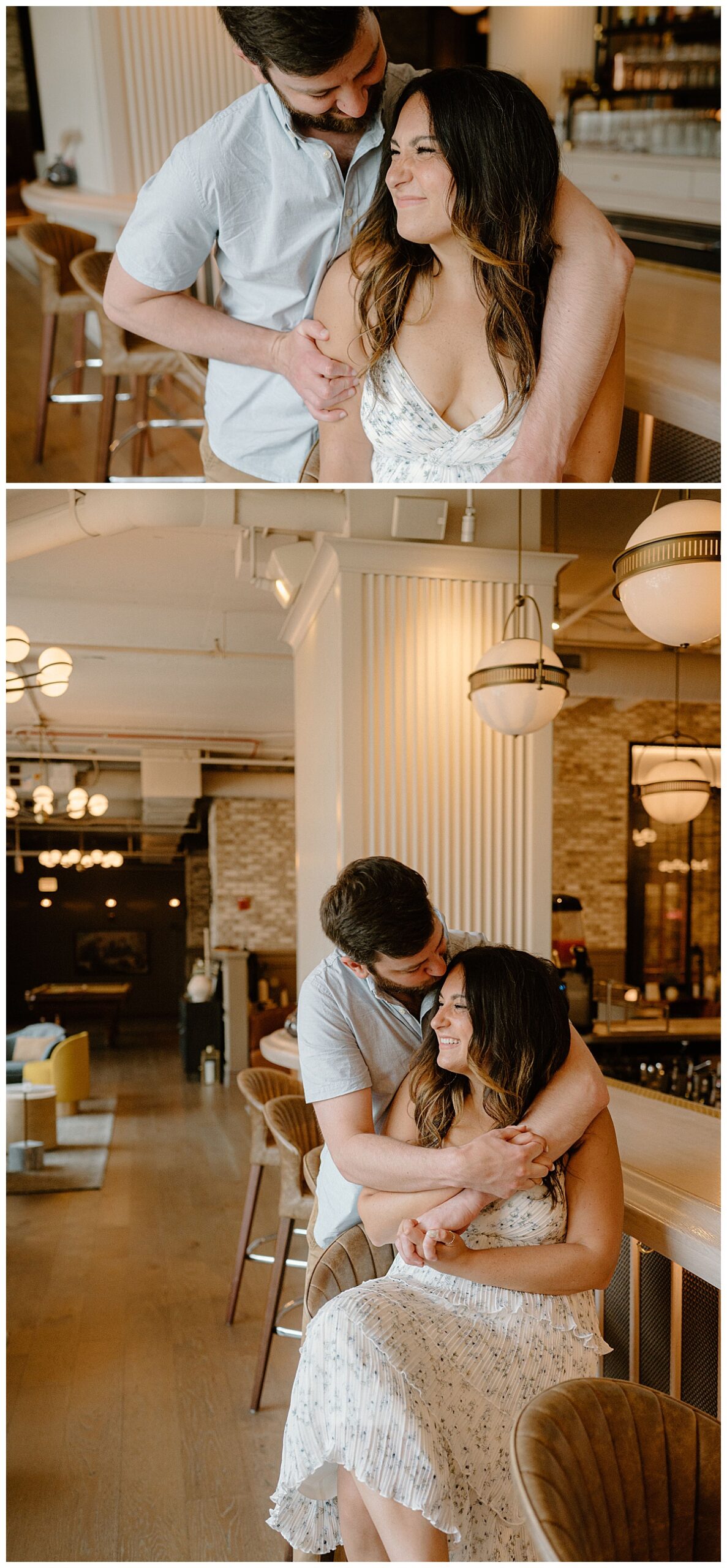 bride to be sits at bar as fiancé wraps his arms around her by Indigo Lace Collective