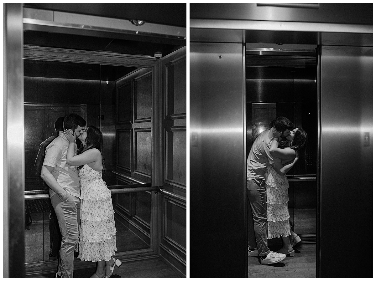 man and woman kiss as elevator door closes at Wrigley Field engagement session