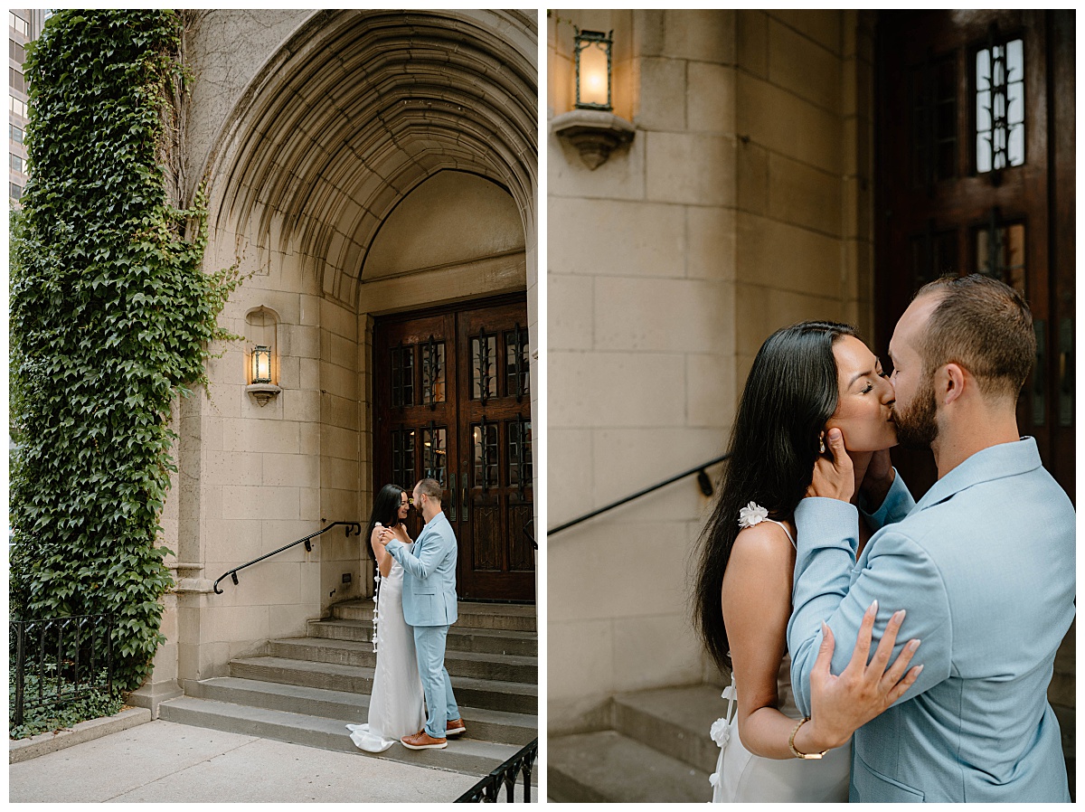 couple kisses on steps of building during downtown engagement session