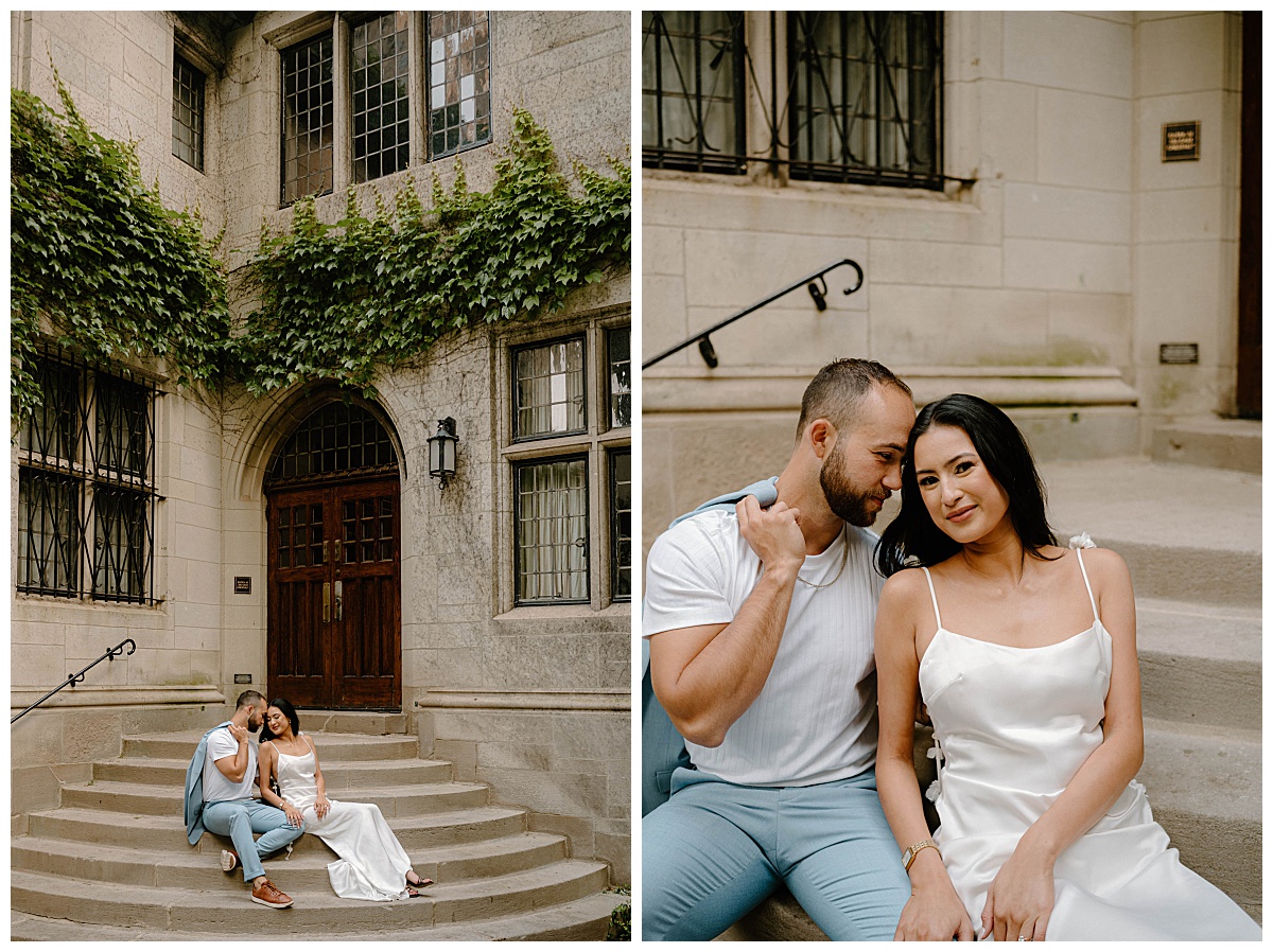 couple sits together on steps outside ivy covered building by Indigo Lace Collective