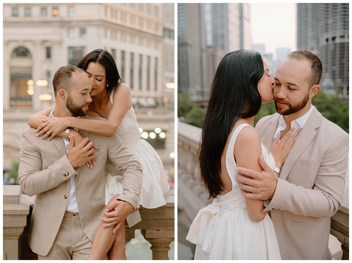 bride to be kisses partner on the cheek and touches his chest by Indigo Lace Collective