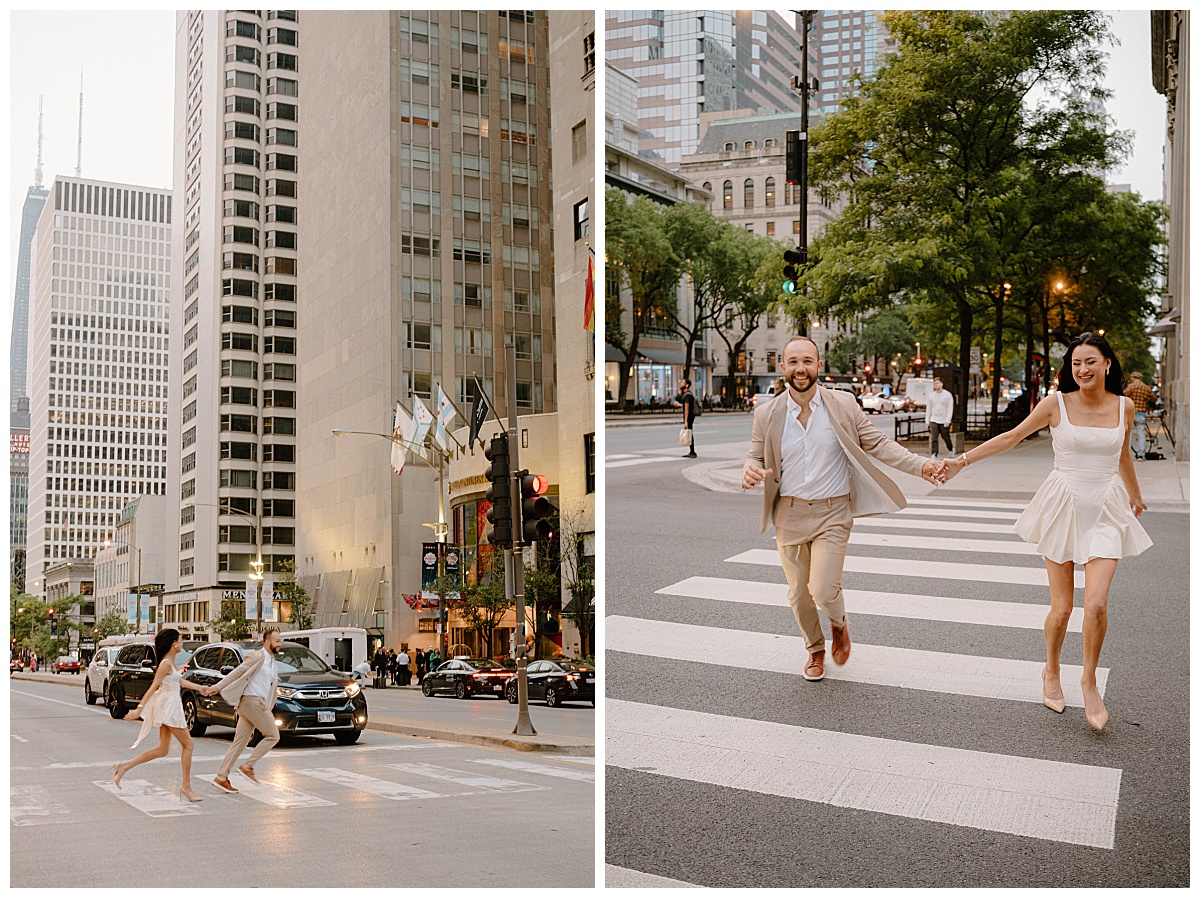 fiancés run across street holding hands by Chicago wedding photographer