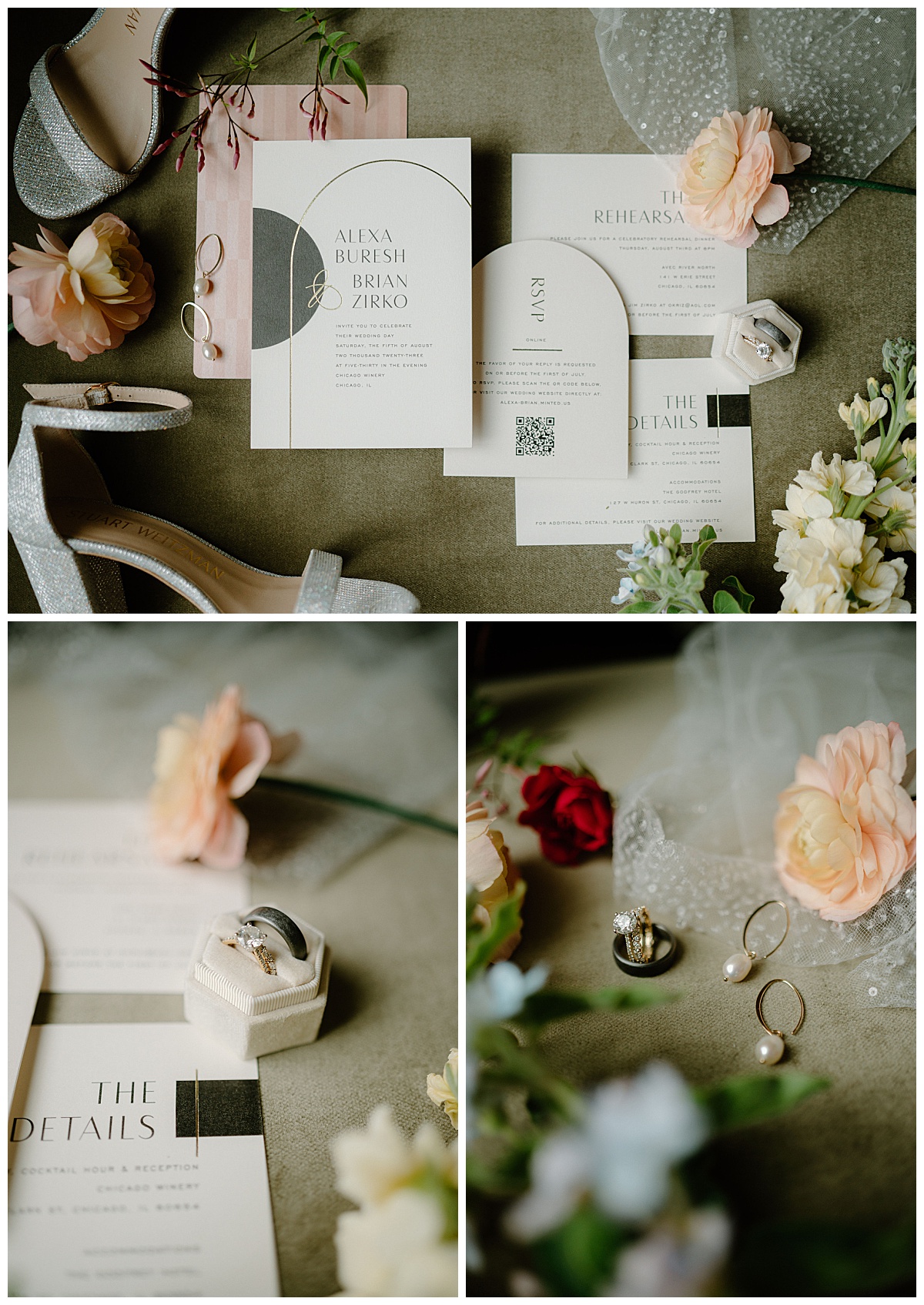 wedding stationery arranged with flowers, shoes, and florals at Chicago Winery