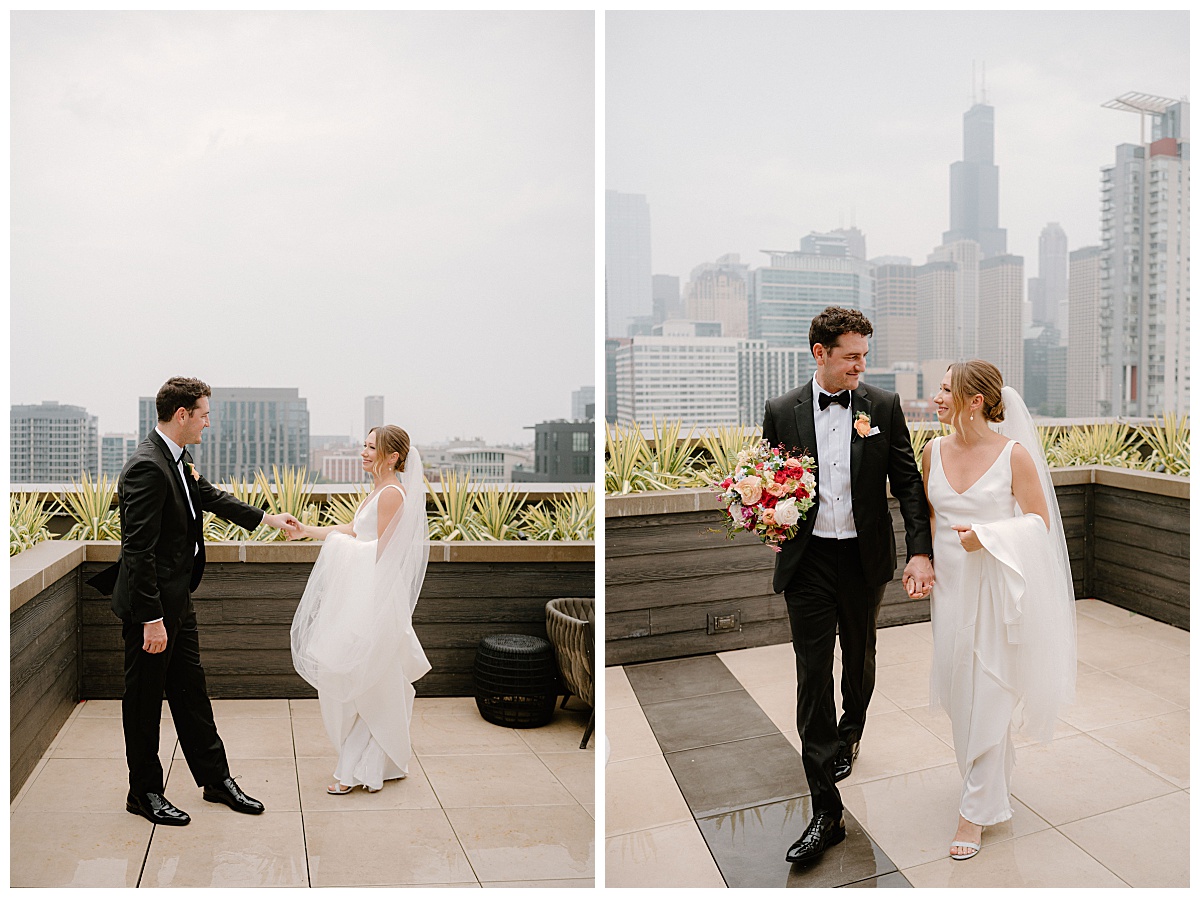 couple has first look on rooftop by Midwest wedding photographer