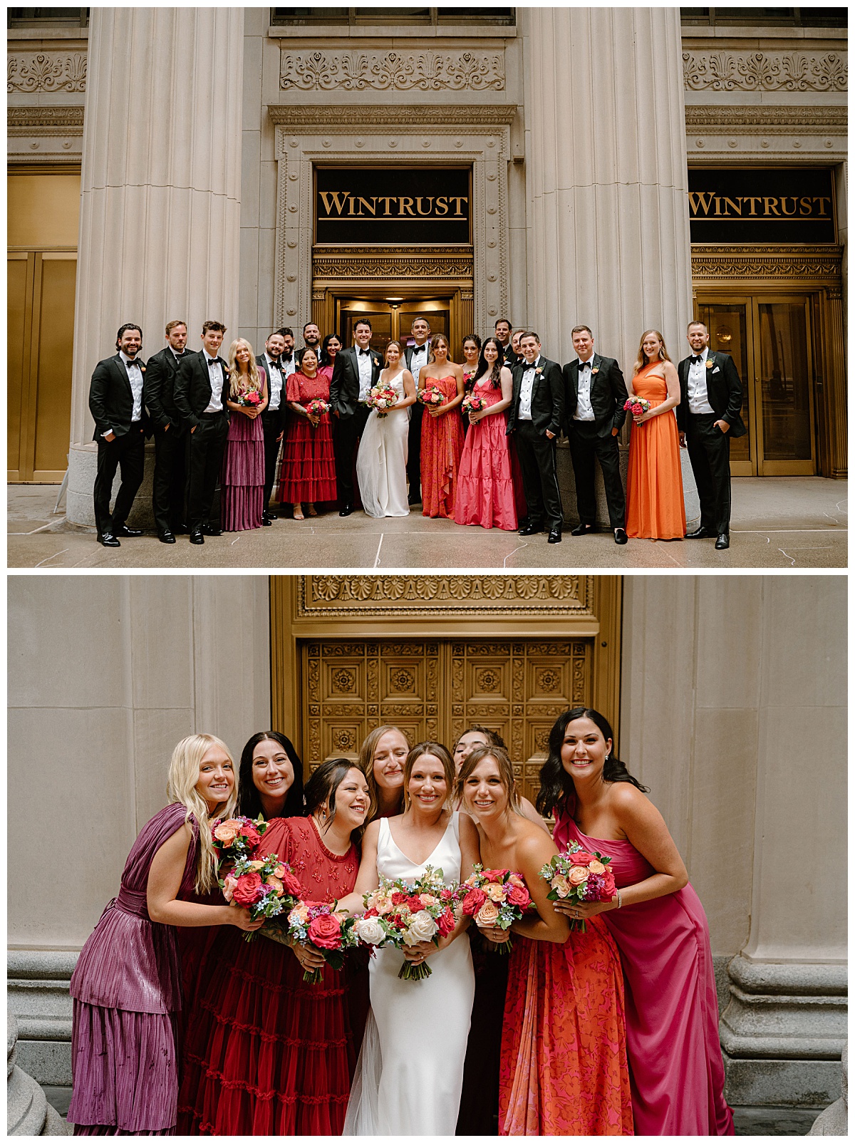 bridal party in colorful gowns and tuxes gather in front of stunning architecture at Chicago Winery