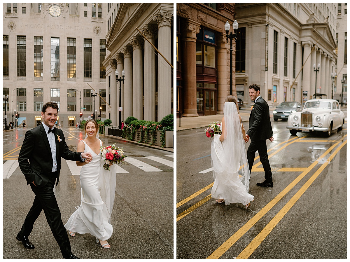 bride and groom cross street in front of Board of Trade before heading to Chicago Winery