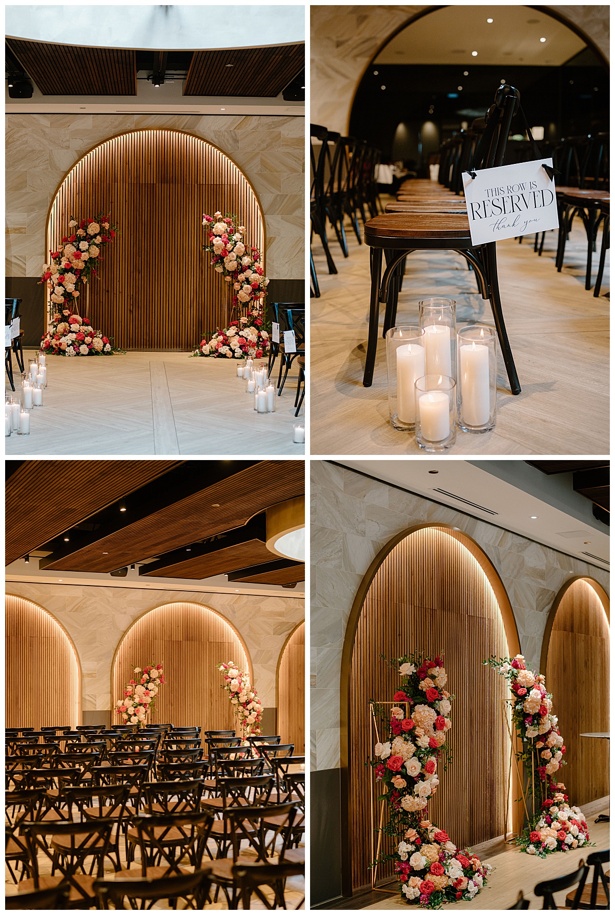 archway decorated with lush pink florals at Chicago Winery