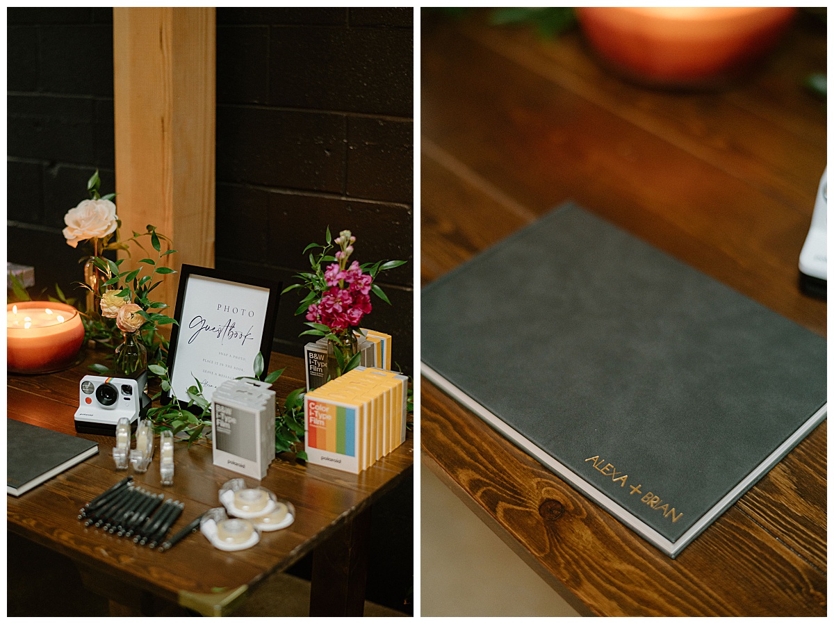 guestbook sits on table with polaroid camera by Midwest wedding photographer