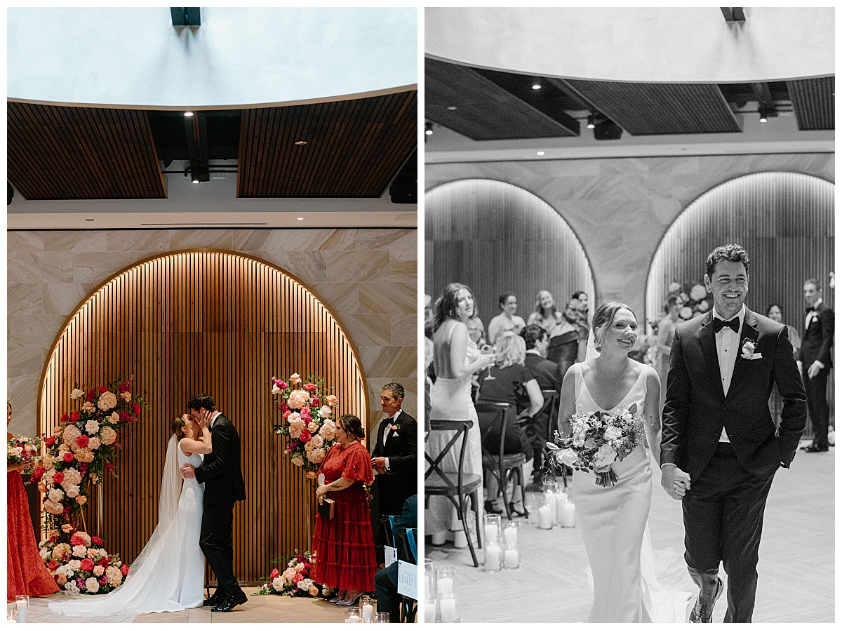 bride and groom kiss during ceremony at Chicago Winery