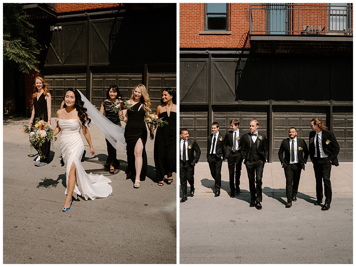 bridesmaids and groomsmen walk down street by  Indigo Lace Collective