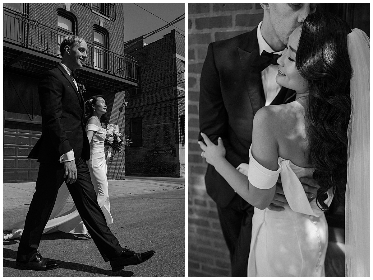 groom kisses bride on forehead by Chicago wedding photographer