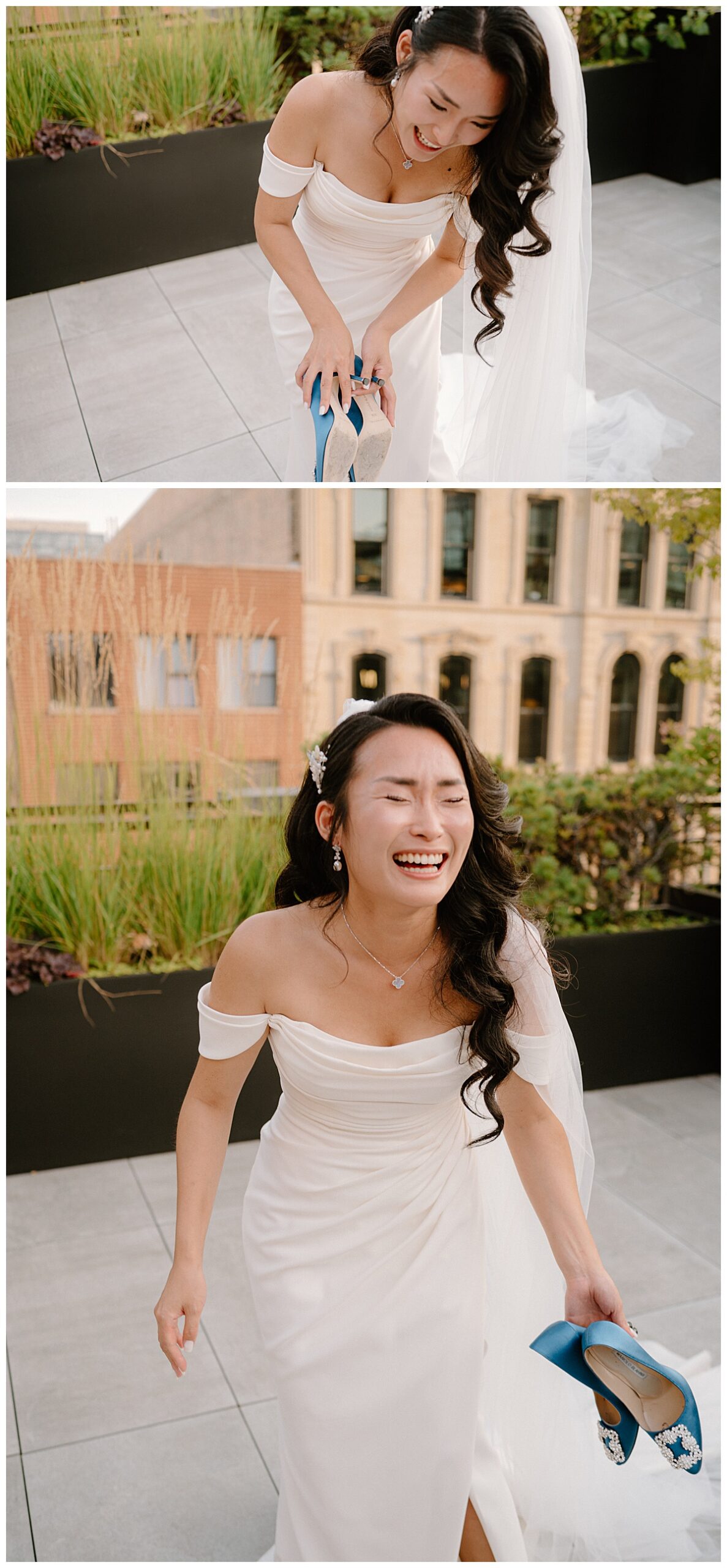 bride laughs as she holds shoes on rooftop by Chicago wedding photographer