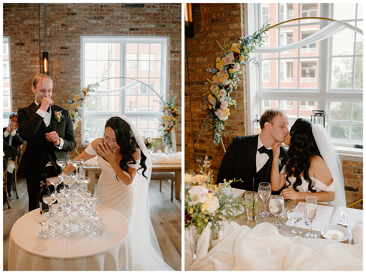 husband and wife laugh over champagne tower by  Indigo Lace Collective