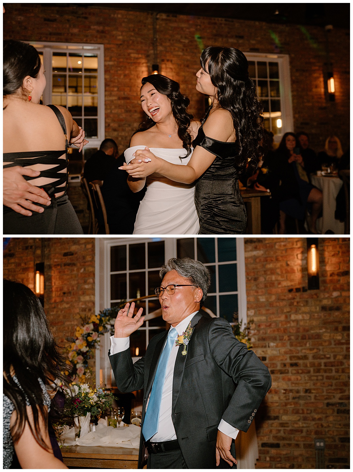 wedding guests dance with bride by Chicago wedding photographer