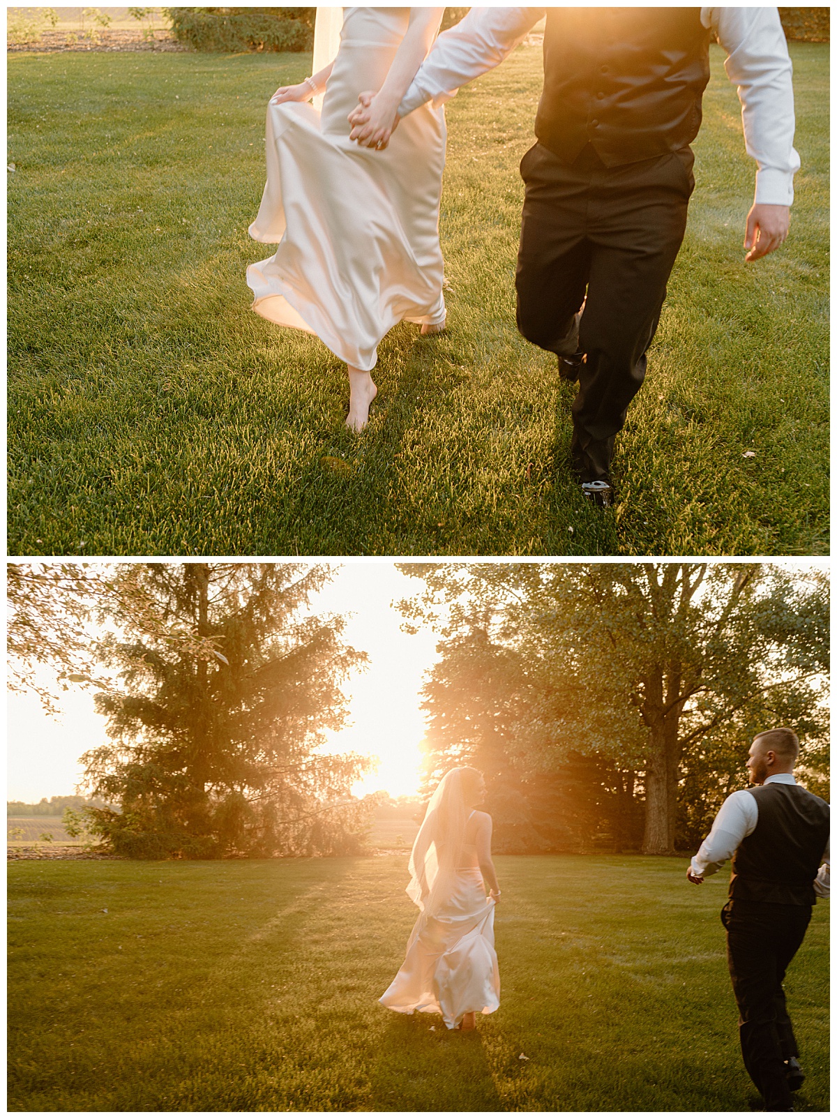man and woman run through field during golden hour at backyard summer celebration