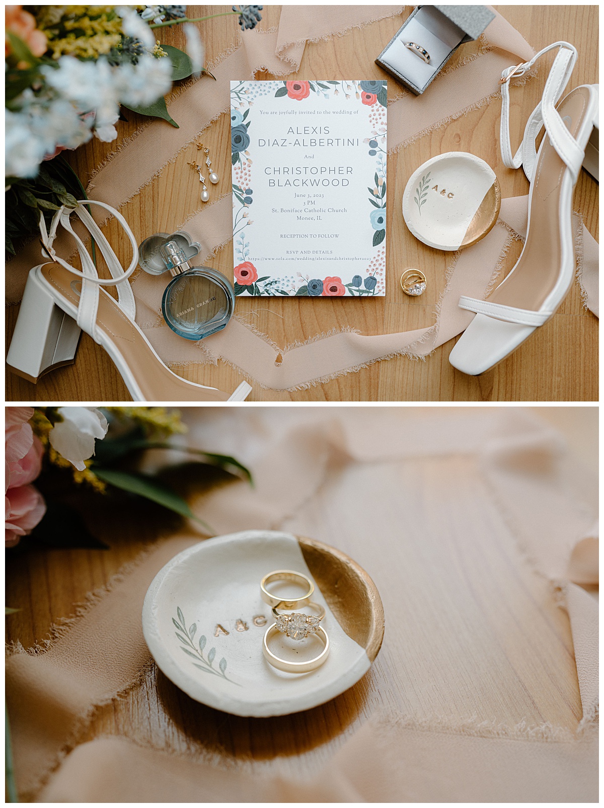 stationery suite surrounded by bride's accessories by  Midwest wedding photographer