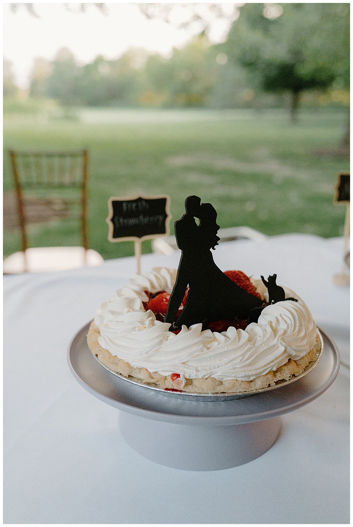 silhouette bride and groom sit atop fruit pie at backyard summer celebration