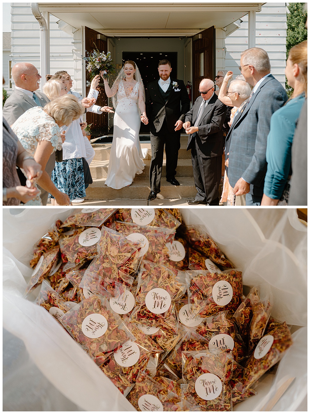 guests throw dried flowers as newlyweds exit church at backyard summer celebration