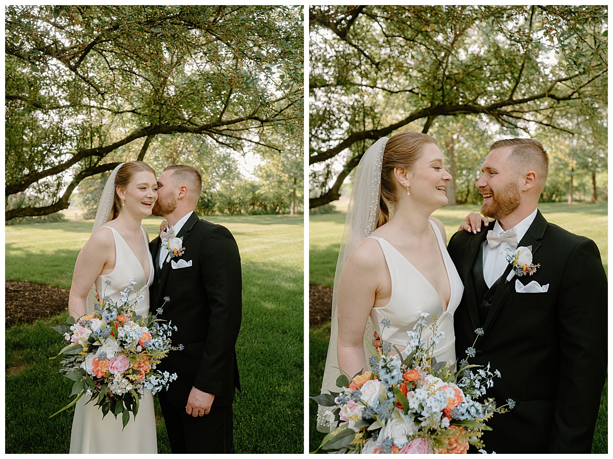 bride and groom laugh together under oak tree by  Midwest wedding photographer